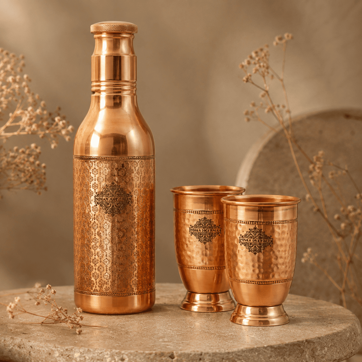 Brass bottle with glass set