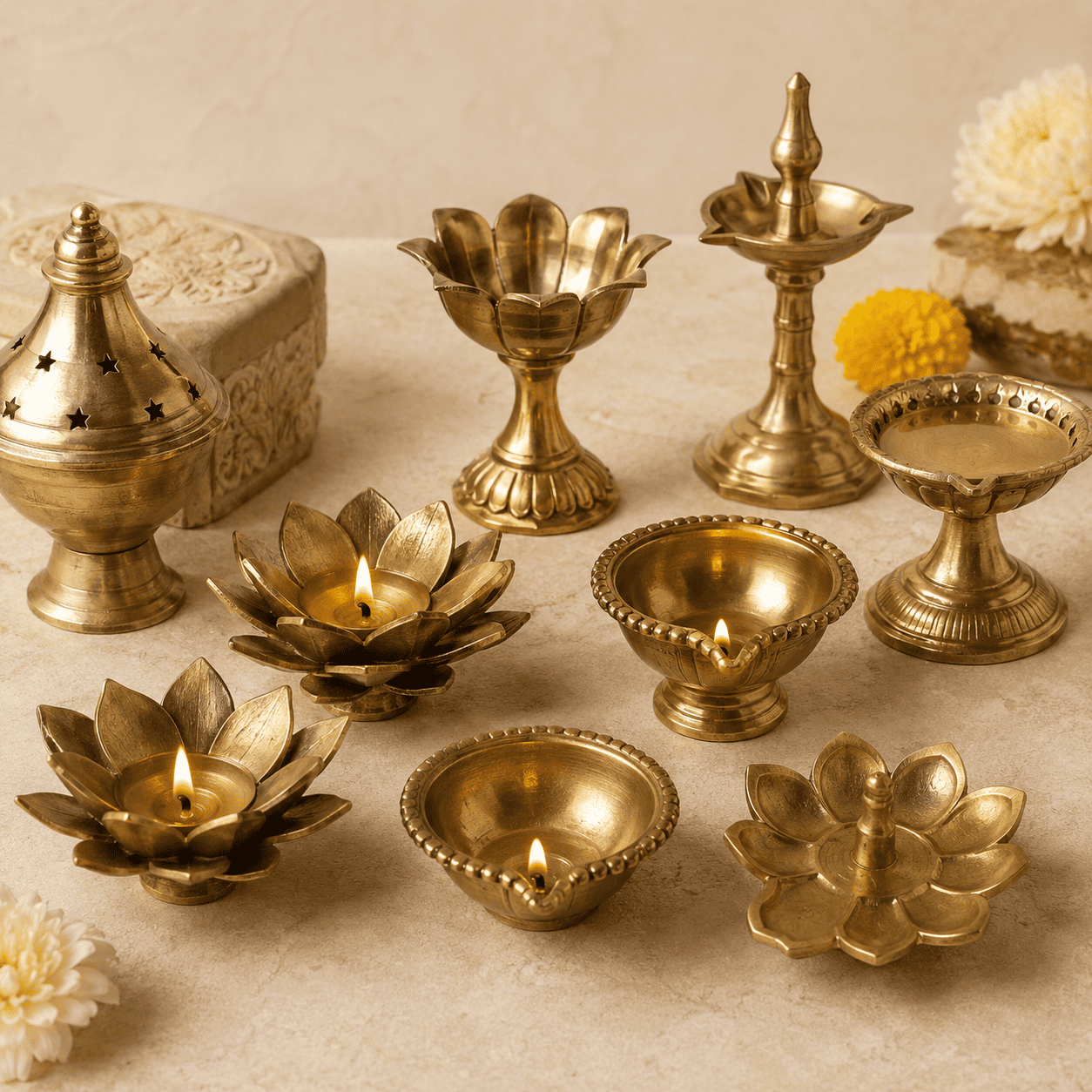 Brass decor candle holders and Indian serveware products