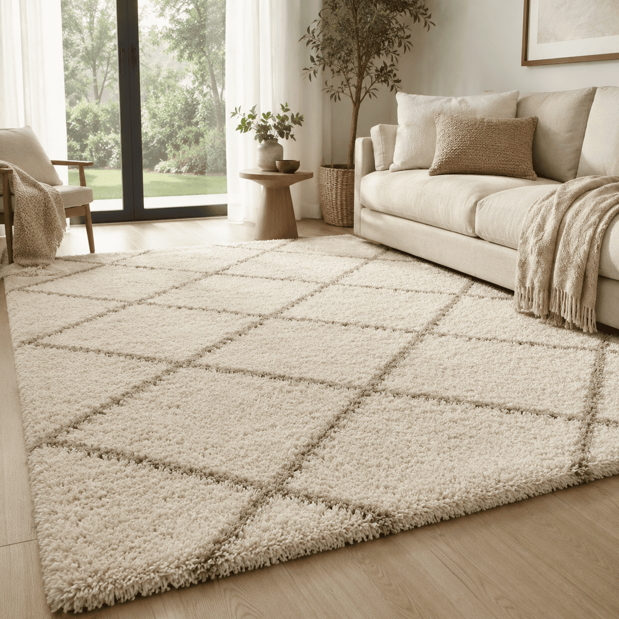 Minimal cotton rug in neutral living room