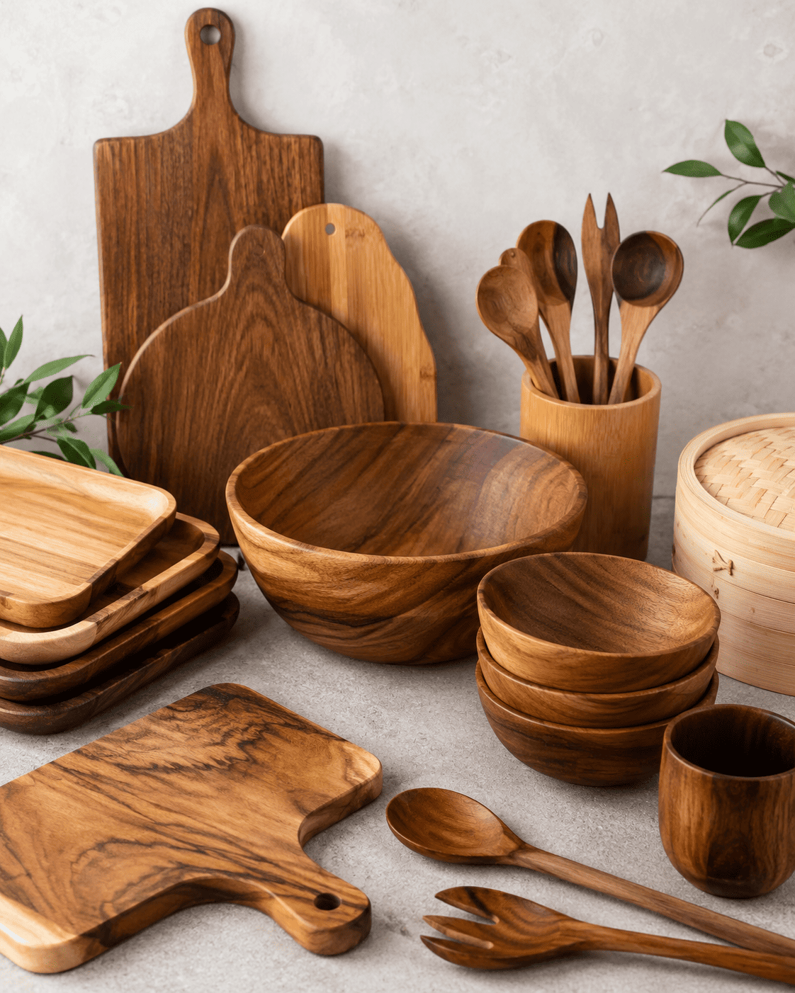 Wooden serving boards and bowls