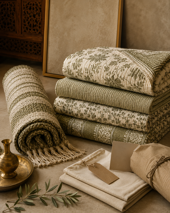 Beautiful cotton quilt and bedding stack