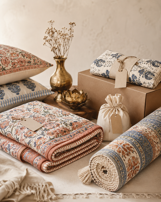Premium block printed quilt and bedding collection