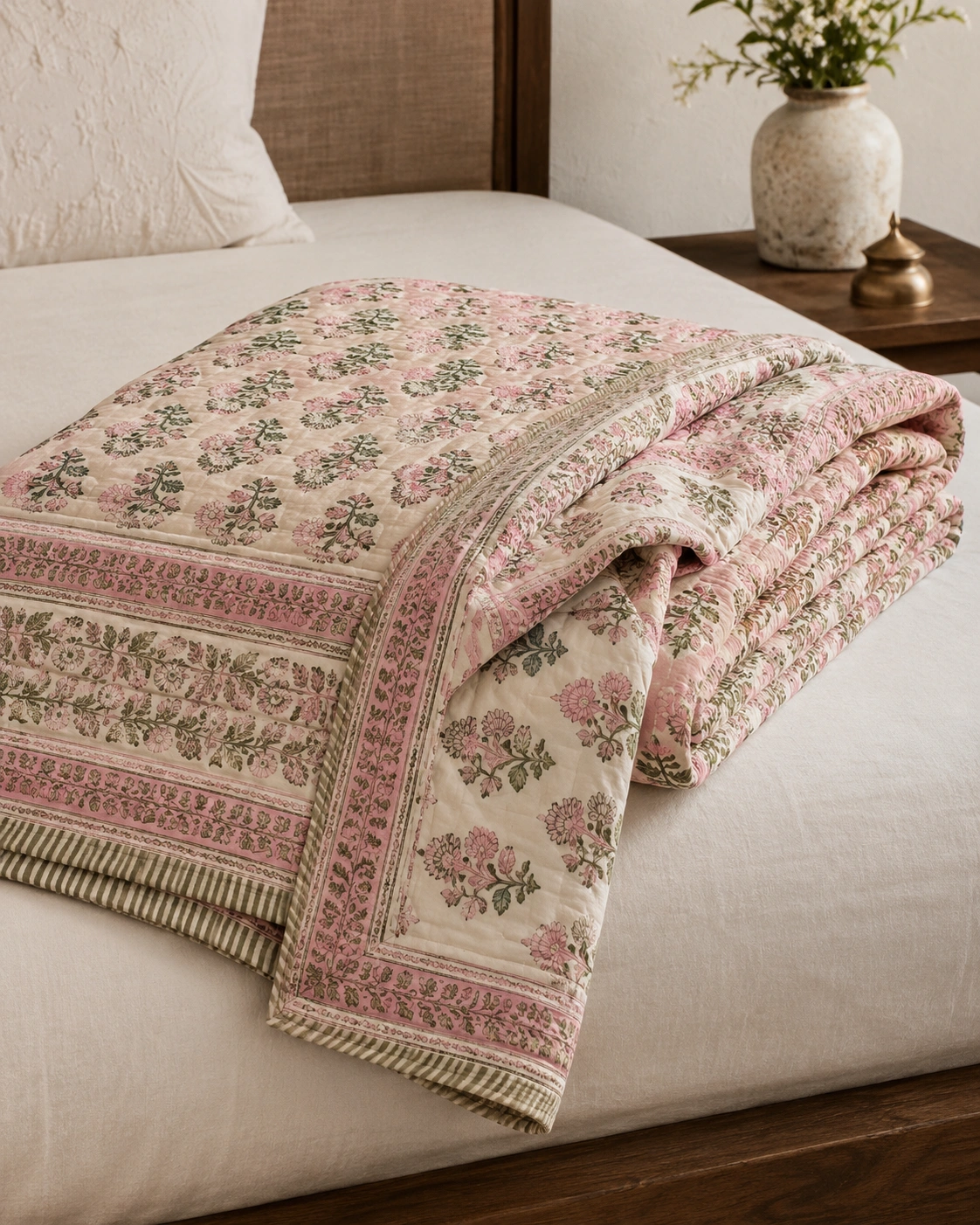 Blue block printed cotton quilt bedroom styling