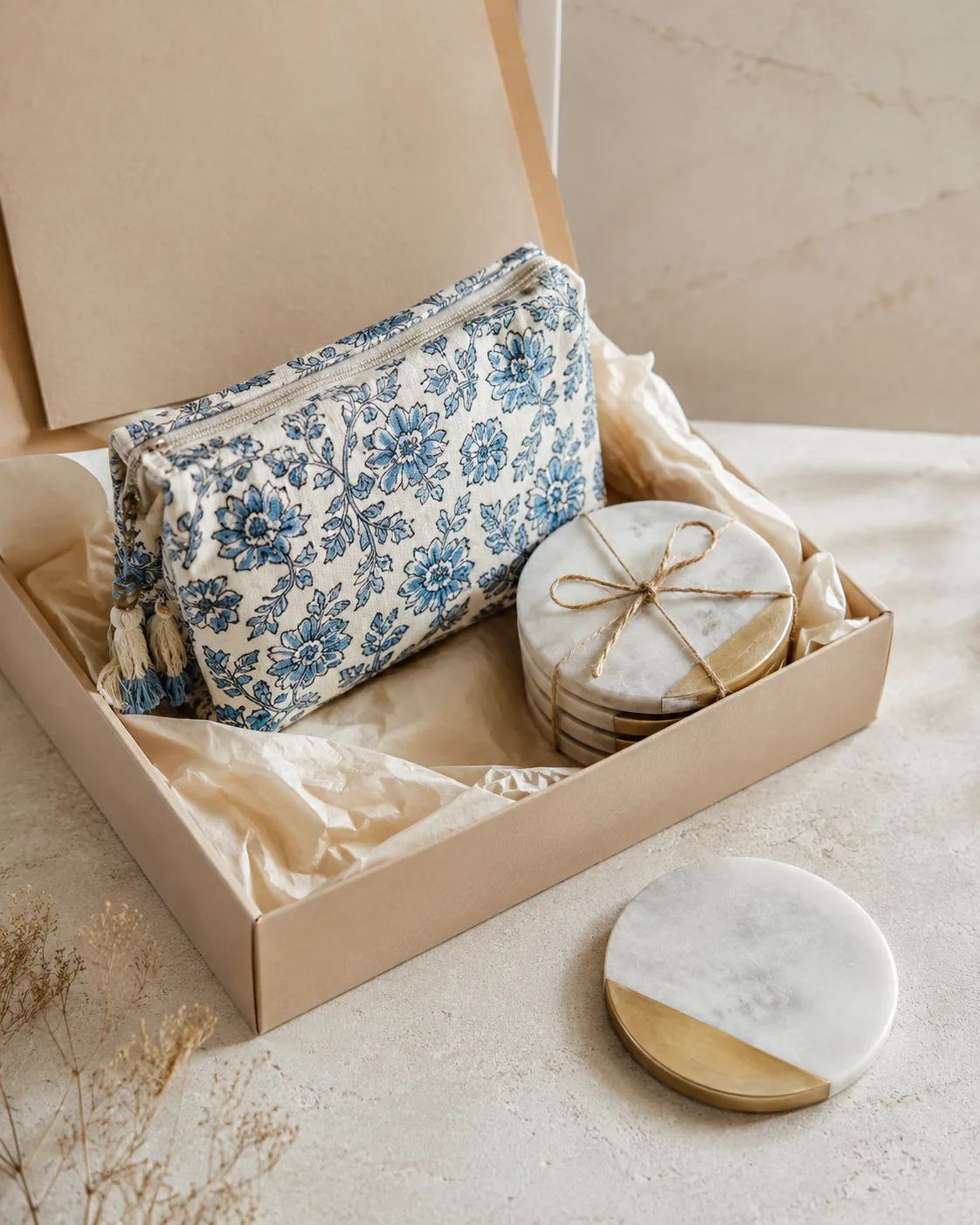 Cosmetic pouch and marble coaster gift set