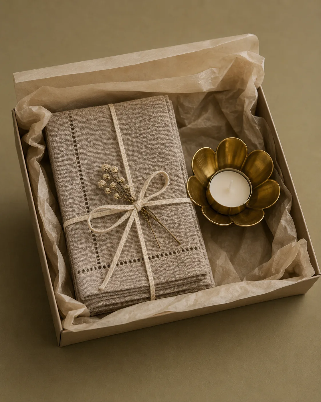 Linen and brass candle holder gift set