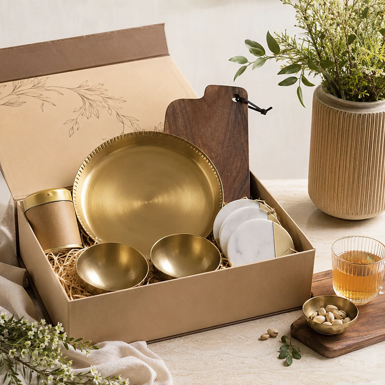 Brass tray bowl coaster and wooden board gift set