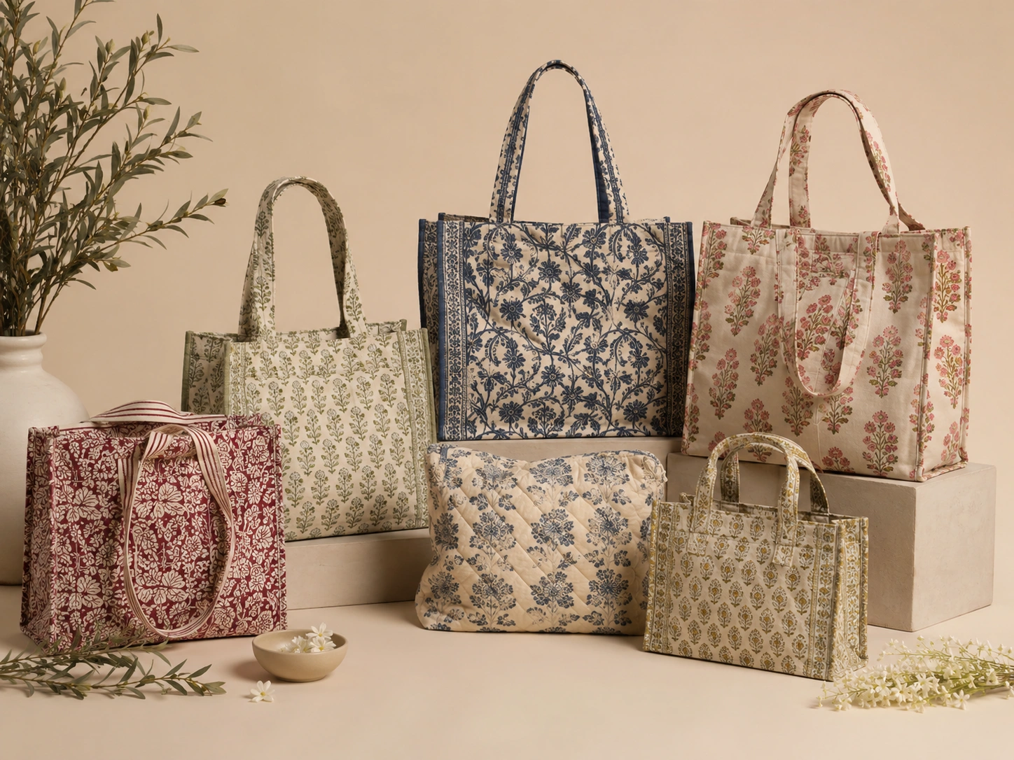 Block printed bags tote bags cosmetic pouches travel organisers laptop sleeves and beach bags from India