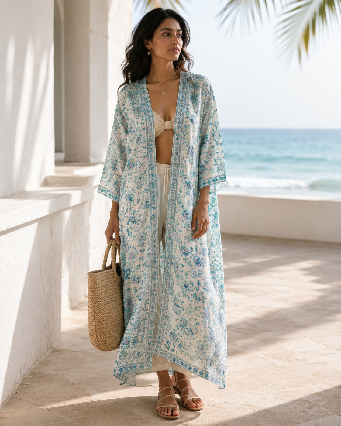 Beach cover up aqua blue block print