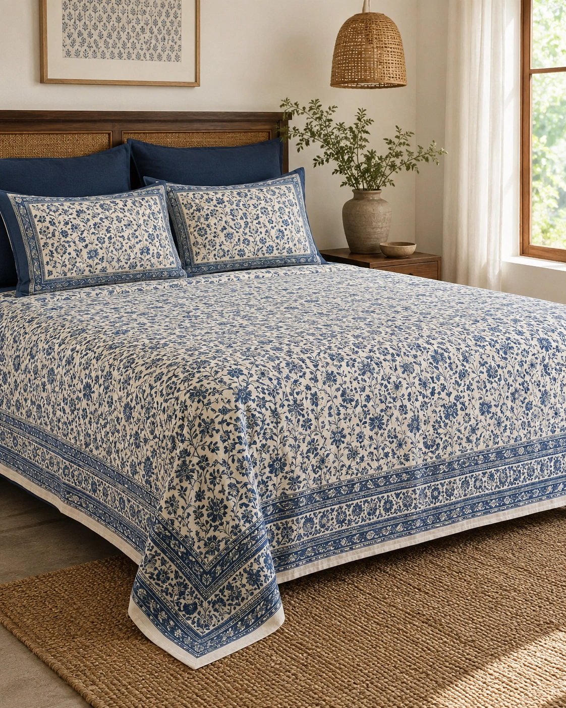 Blue floral cotton bedcover bedroom styling