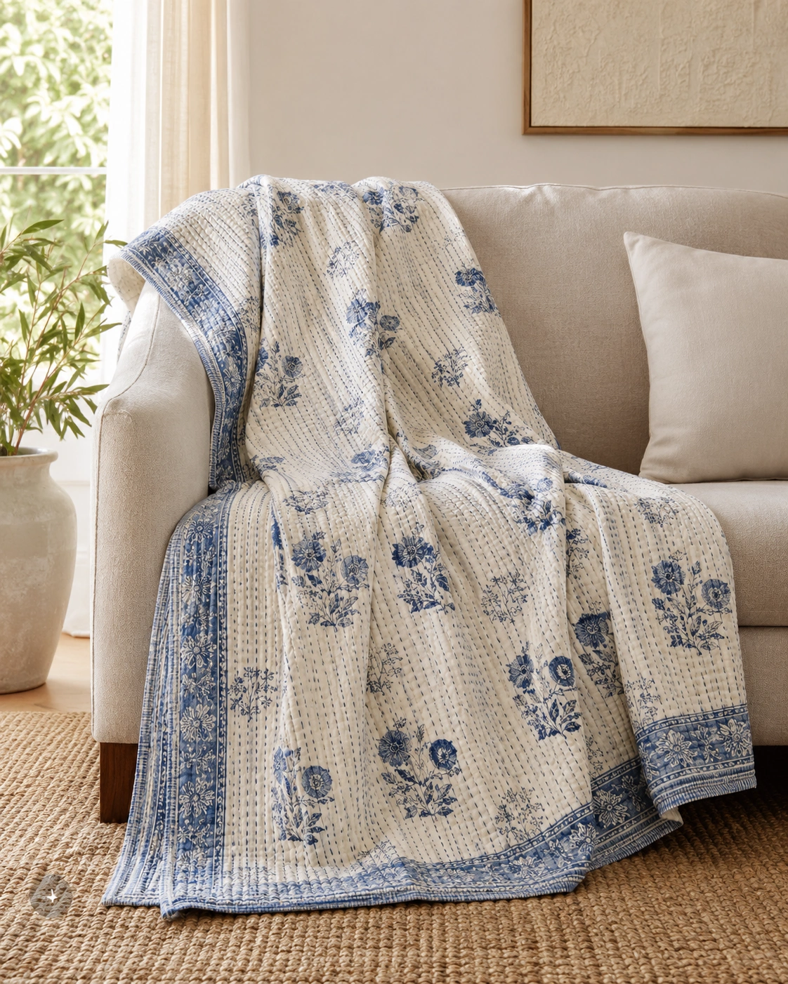 Blue floral kantha throw sofa styling