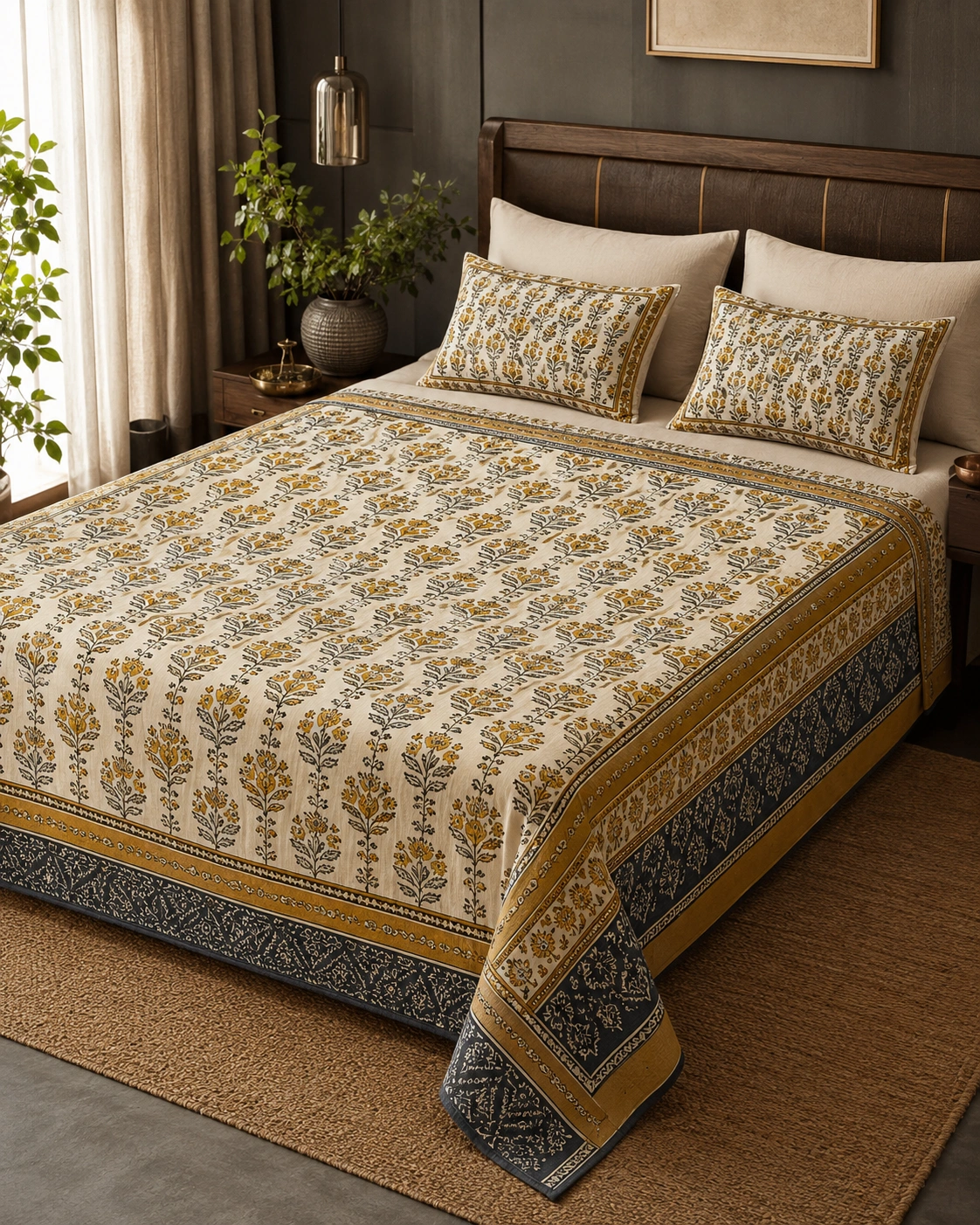 Blue rust floral cotton bedcover