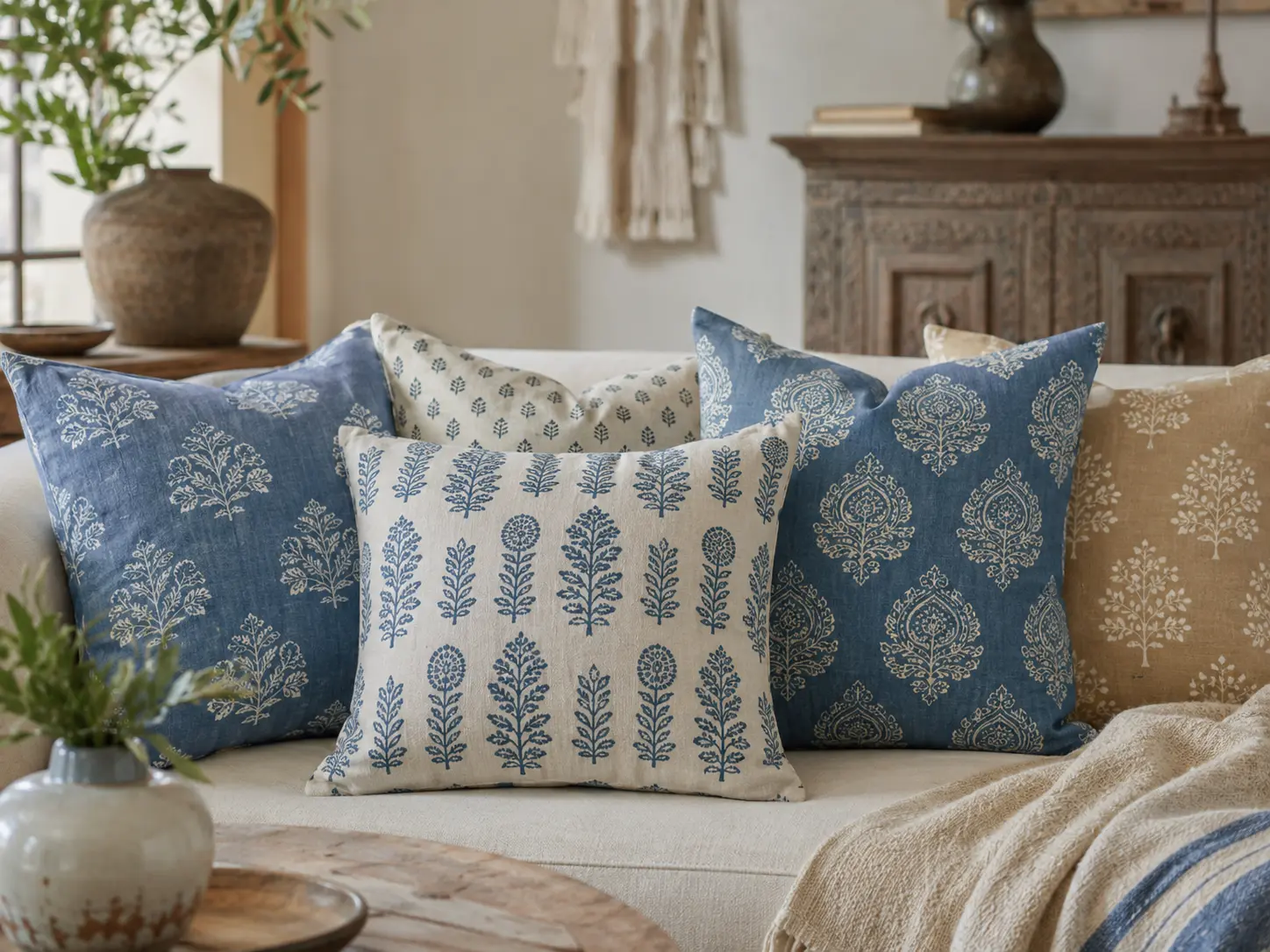 Coral block print cushion covers