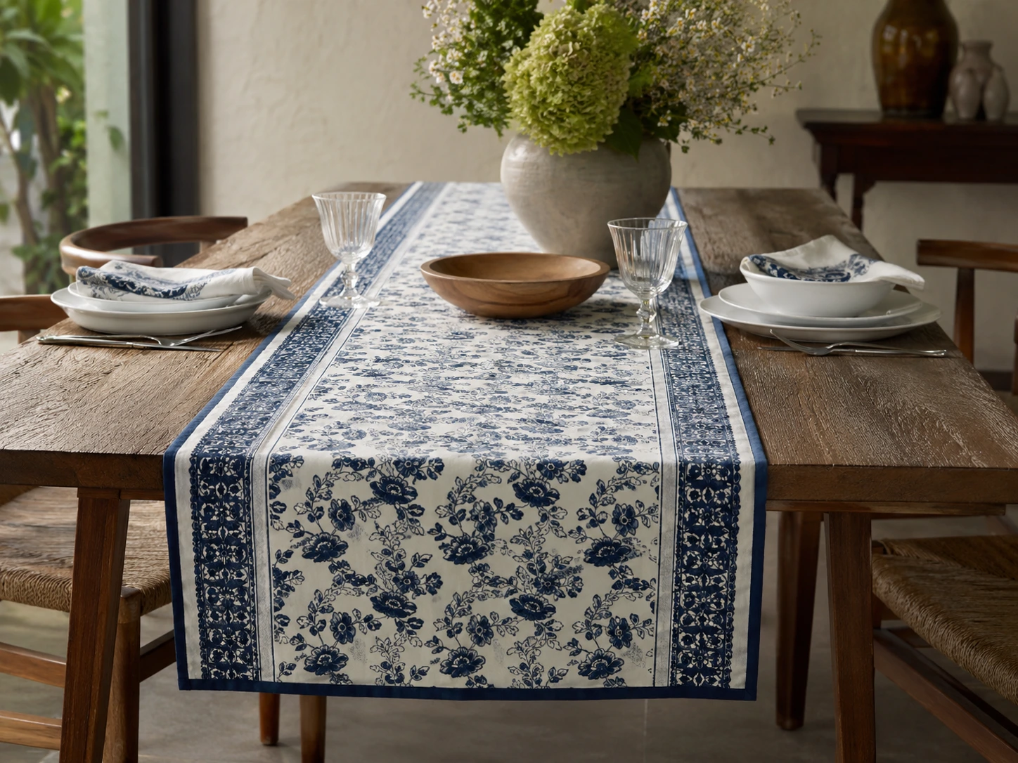 Coral block print table runner