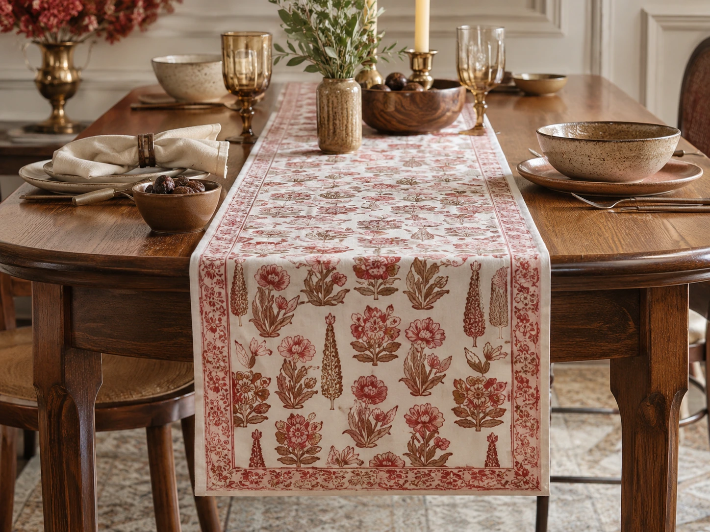 Coral block print table runner option