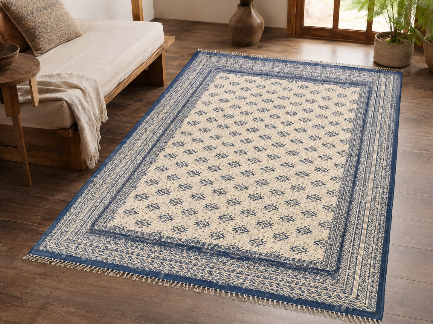 Cotton durrie indigo border living room