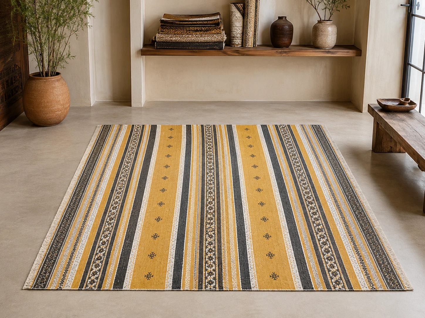 Cotton durrie mustard charcoal stripe