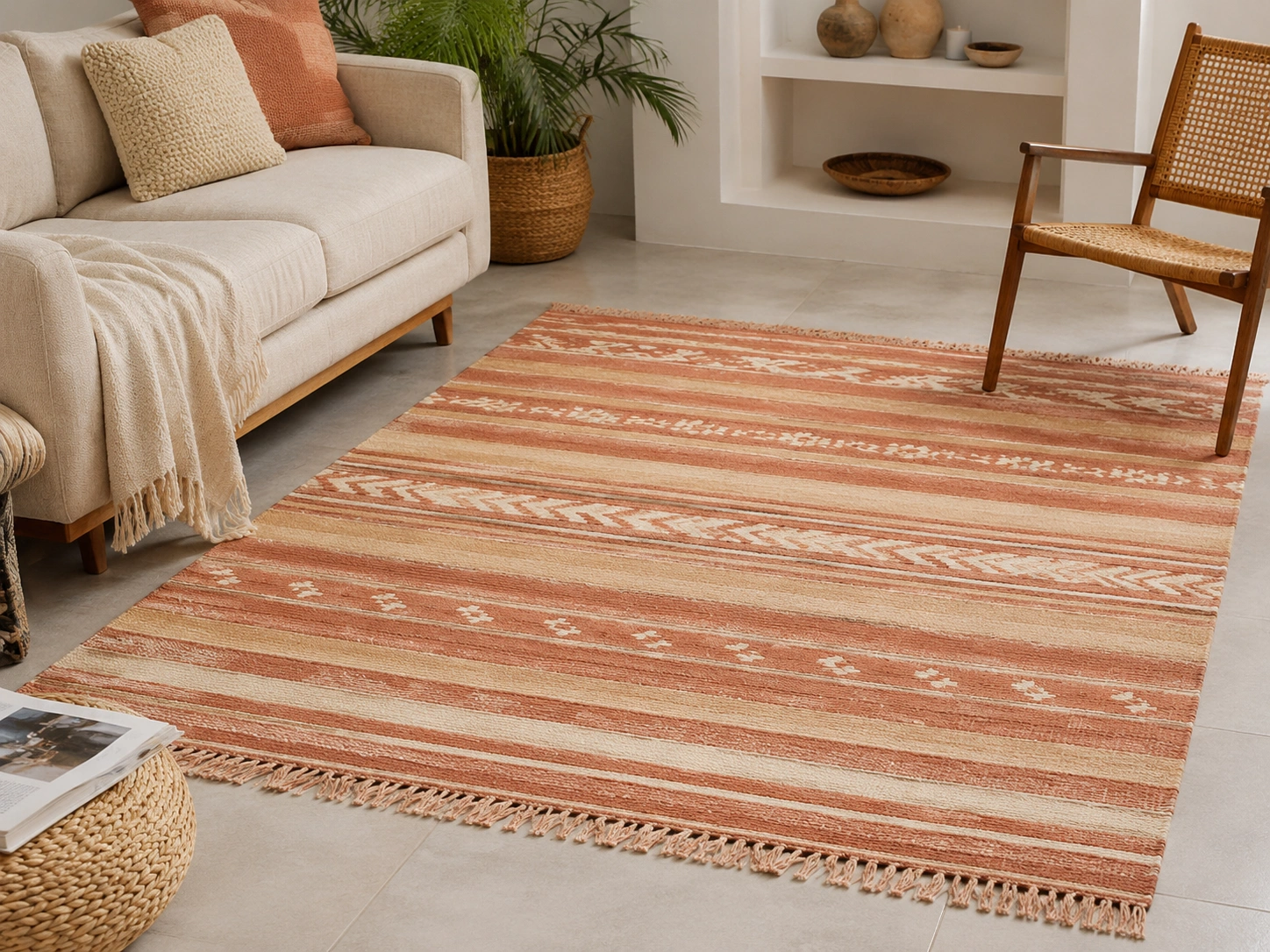Cotton durrie terracotta stripe living room