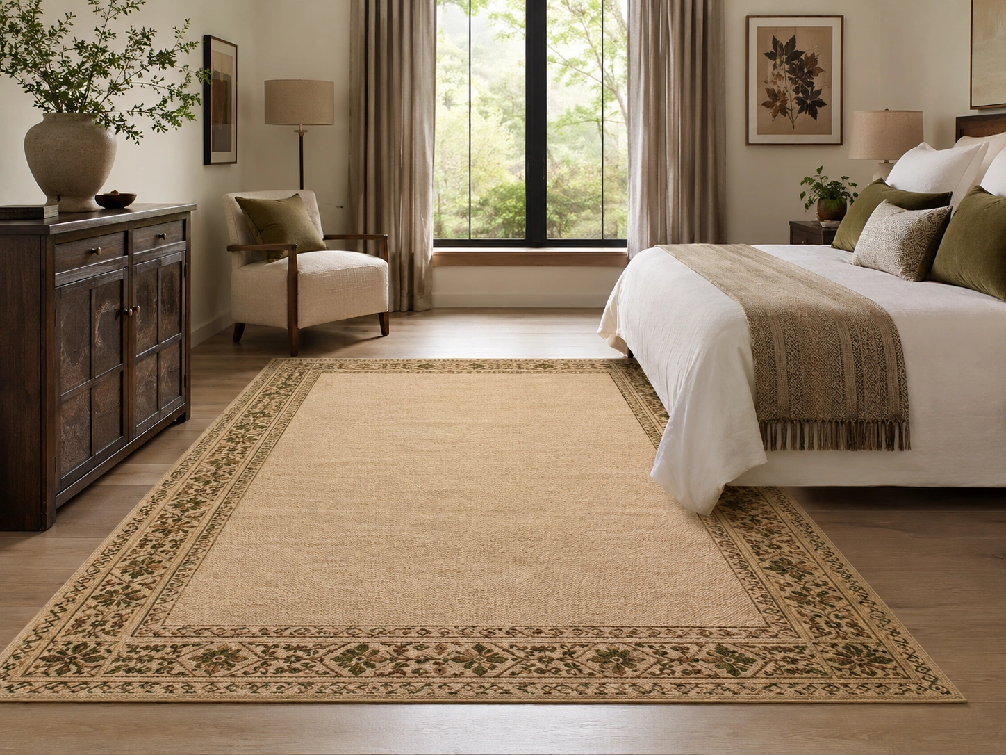 Flatweave rug beige green bedroom