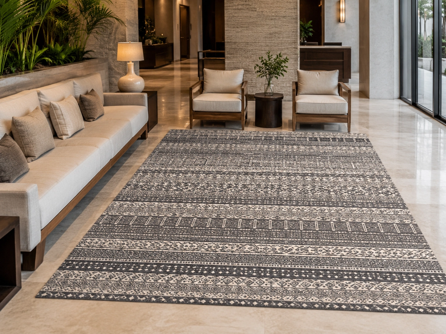 Flatweave rug charcoal cream hotel lobby