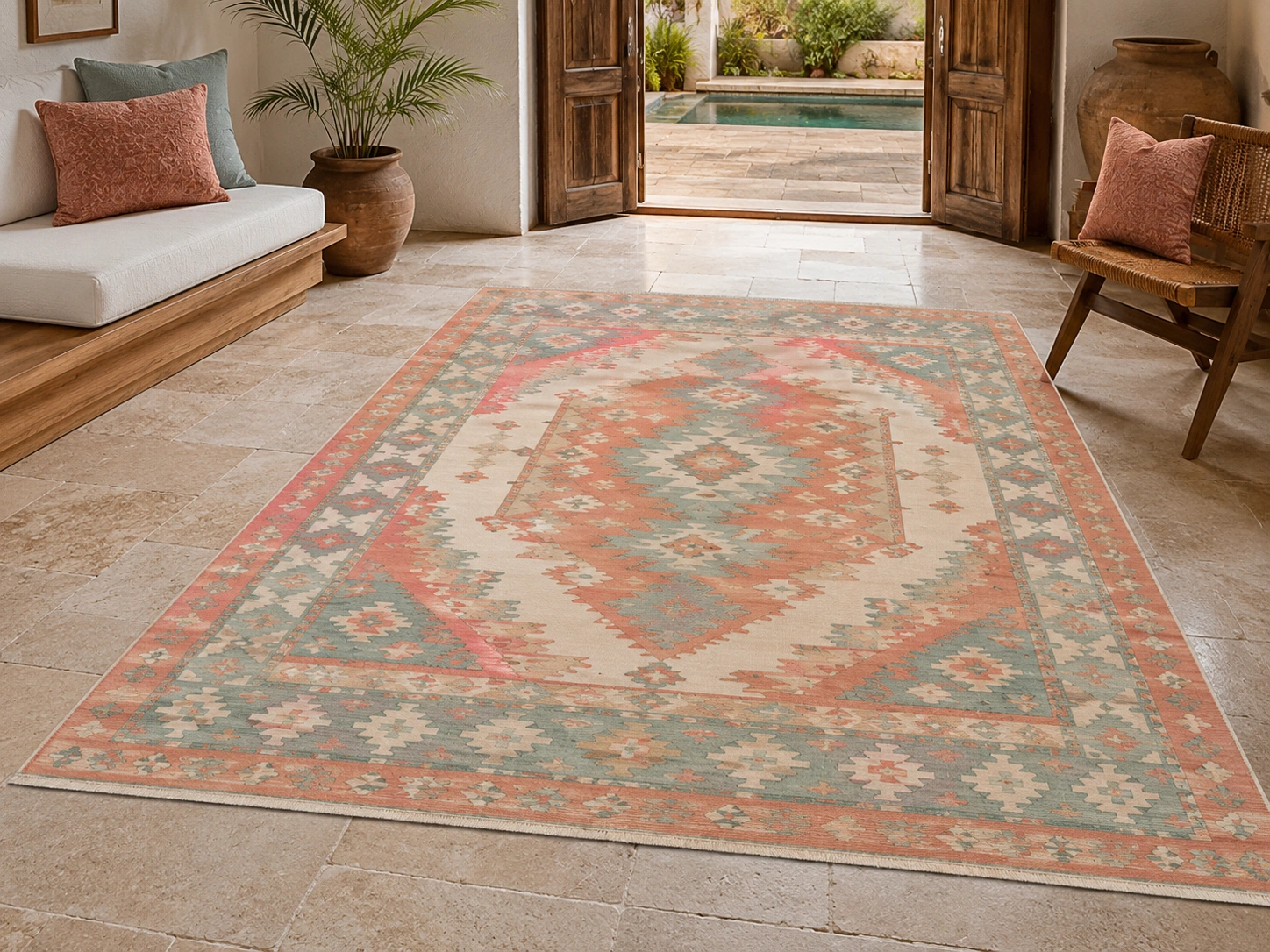 Flatweave rug coral sage villa room