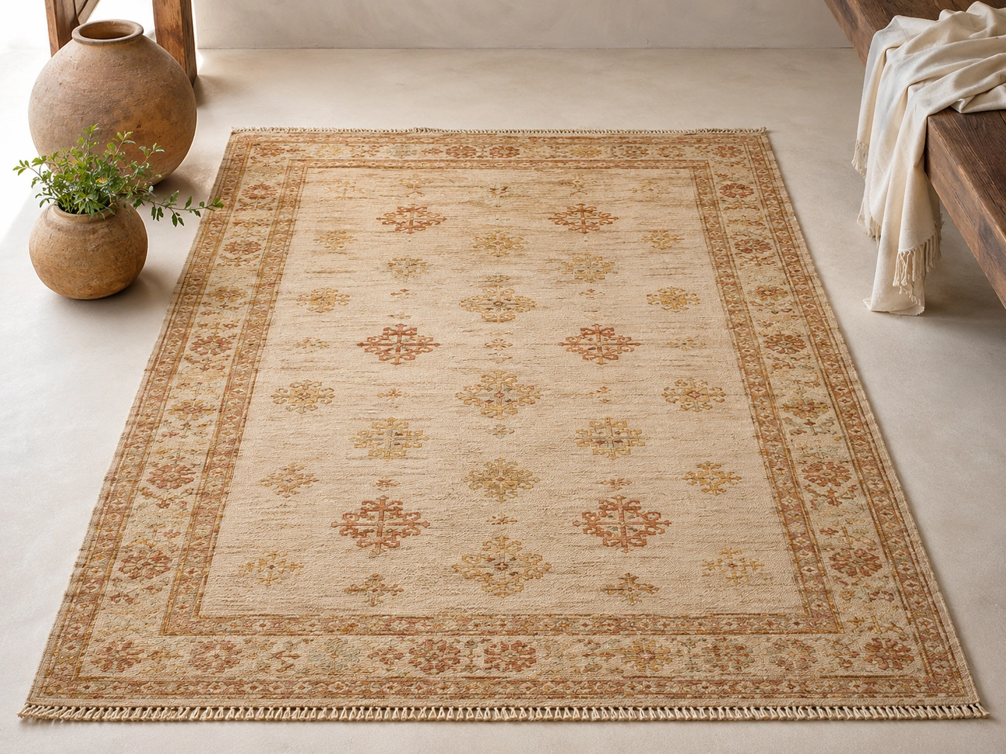 Flatweave rug warm beige terracotta room