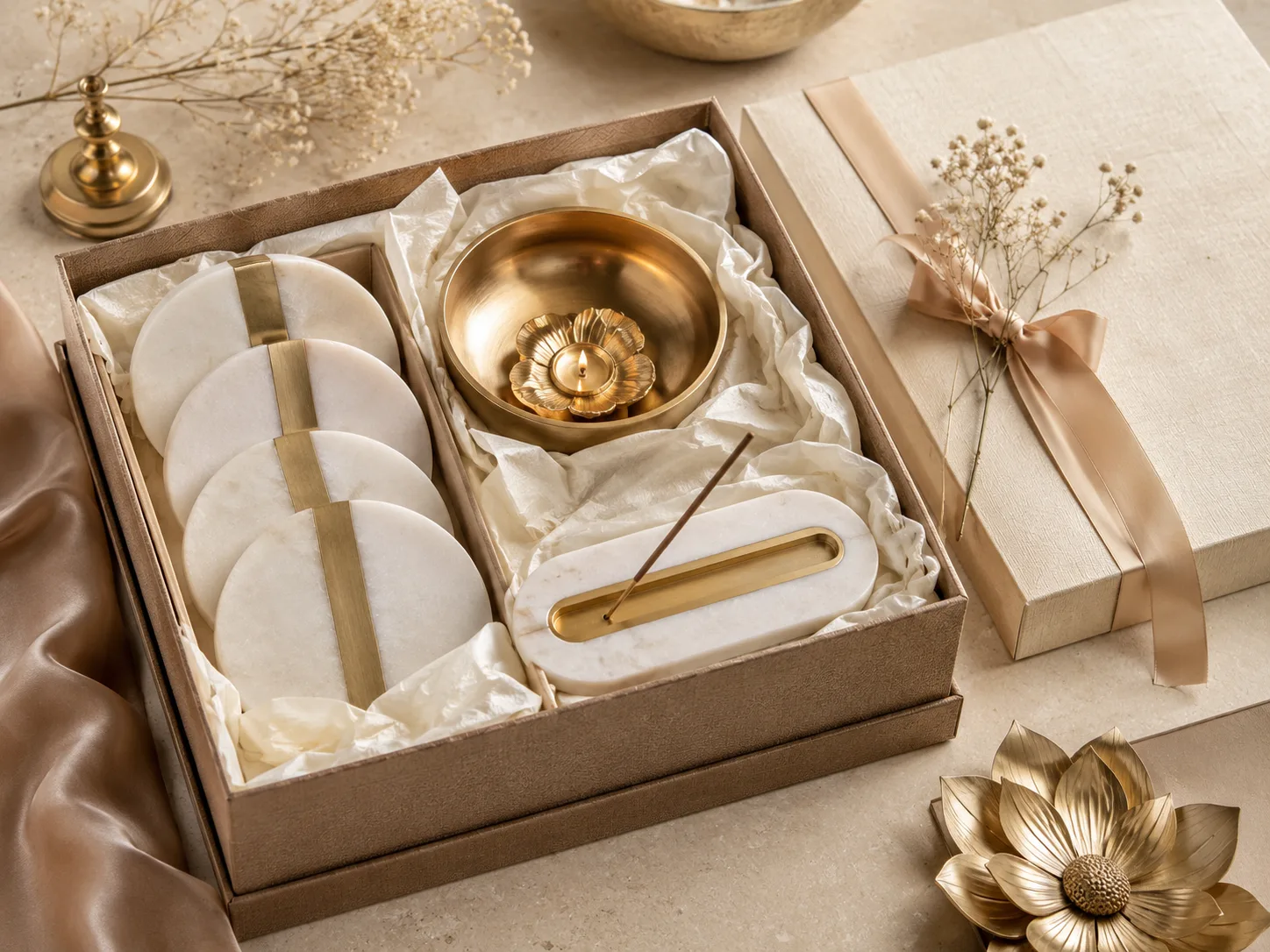 Curated marble incense and brass candle gift set