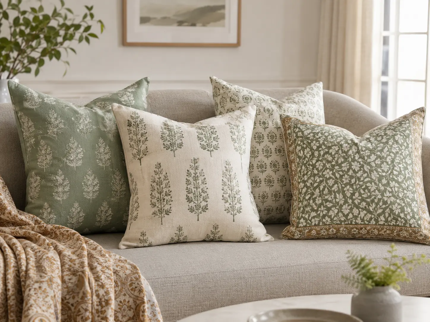 Green block print cushion covers