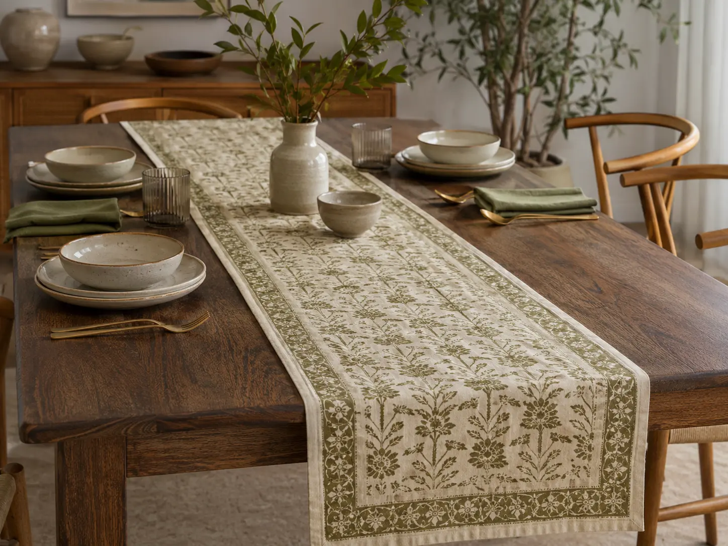 Green block print table runner