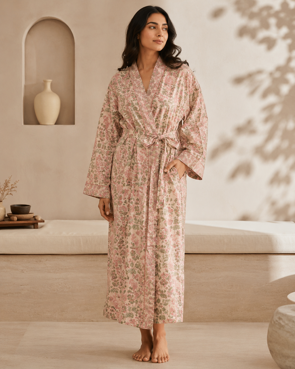 Hand block printed cotton robe blush pink floral