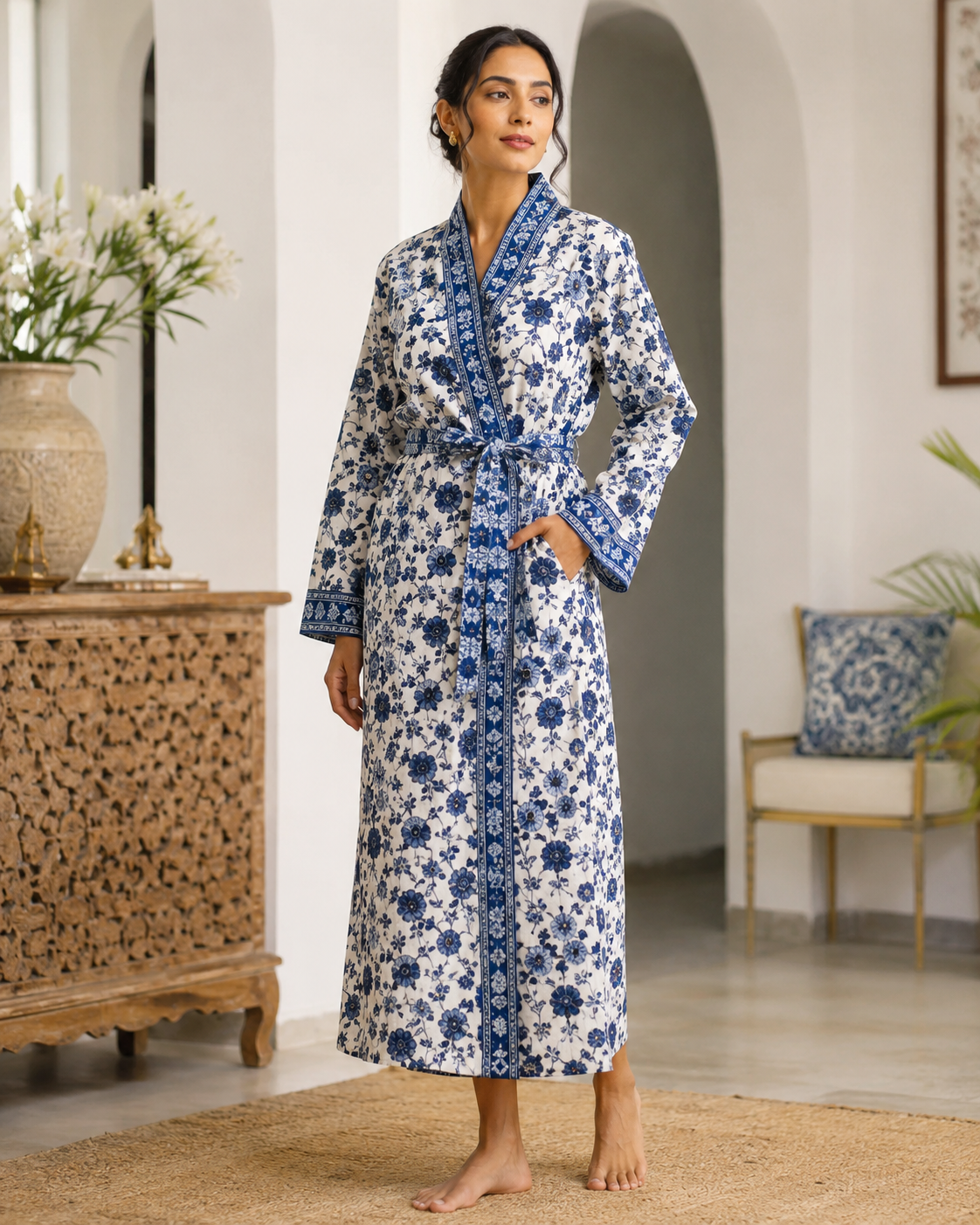 Hand block printed cotton robe indigo blue floral