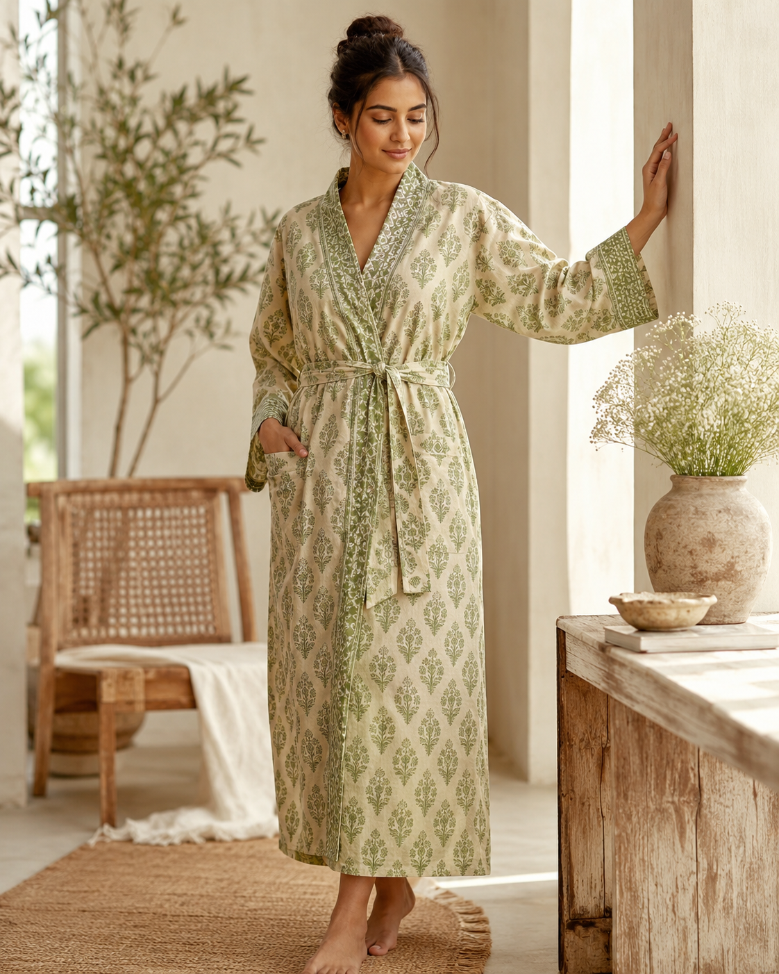 Hand block printed cotton robe olive green buti print