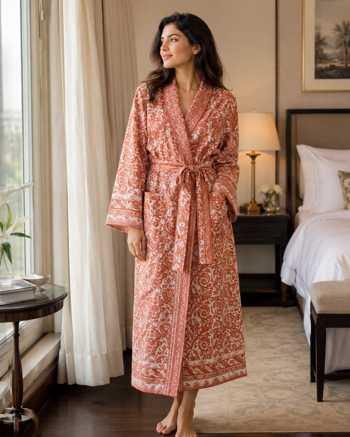 Hand block printed cotton robe rust orange paisley