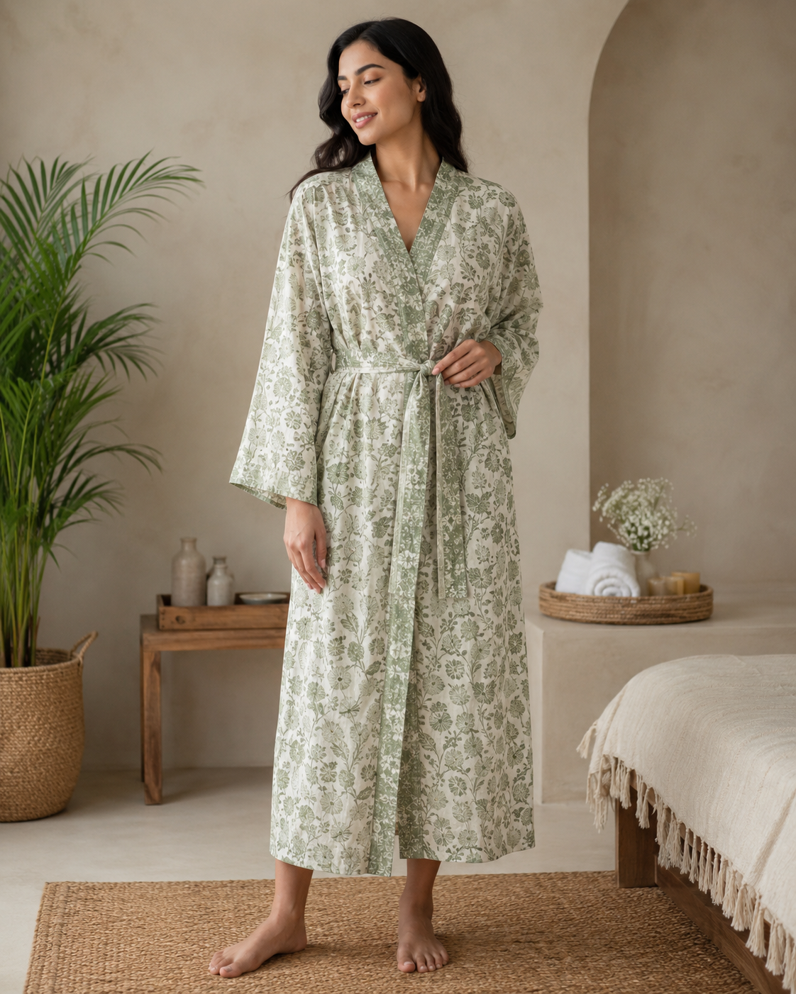 Hand block printed cotton robe sage green floral