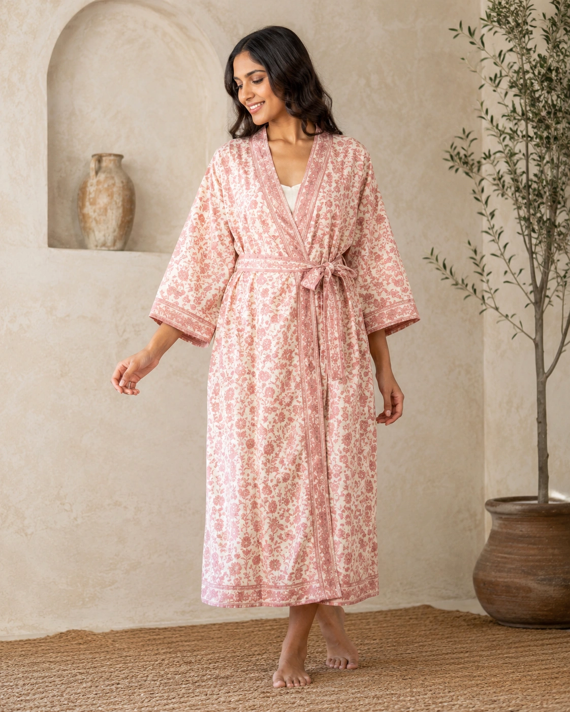 Hand block printed cotton robe soft pink floral
