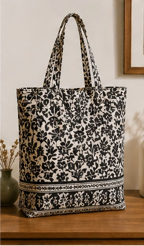 Black white floral tote bag