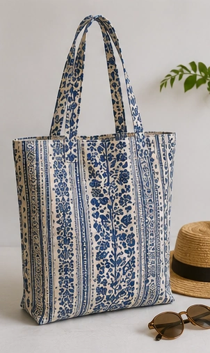 Indigo border print tote bag