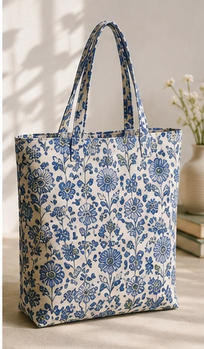 Hand block printed tote bag indigo floral