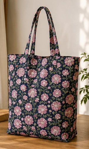 Navy pink floral tote bag