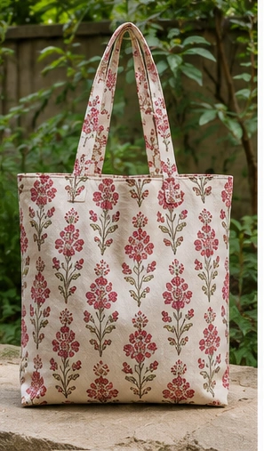 Hand block printed tote bag red floral garden