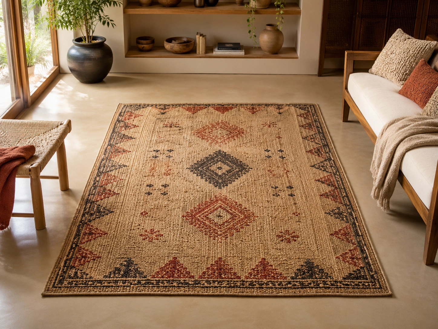 Jute cotton rug earthy tribal design