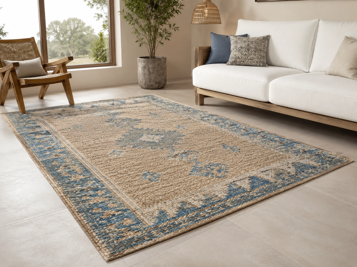 Jute cotton rug natural blue border