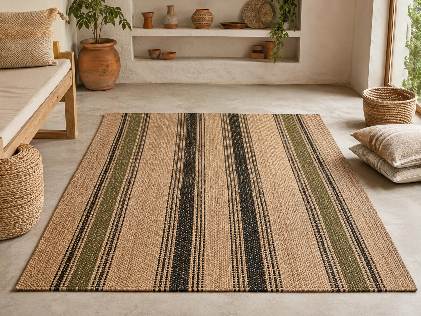 Jute cotton rug natural green stripe