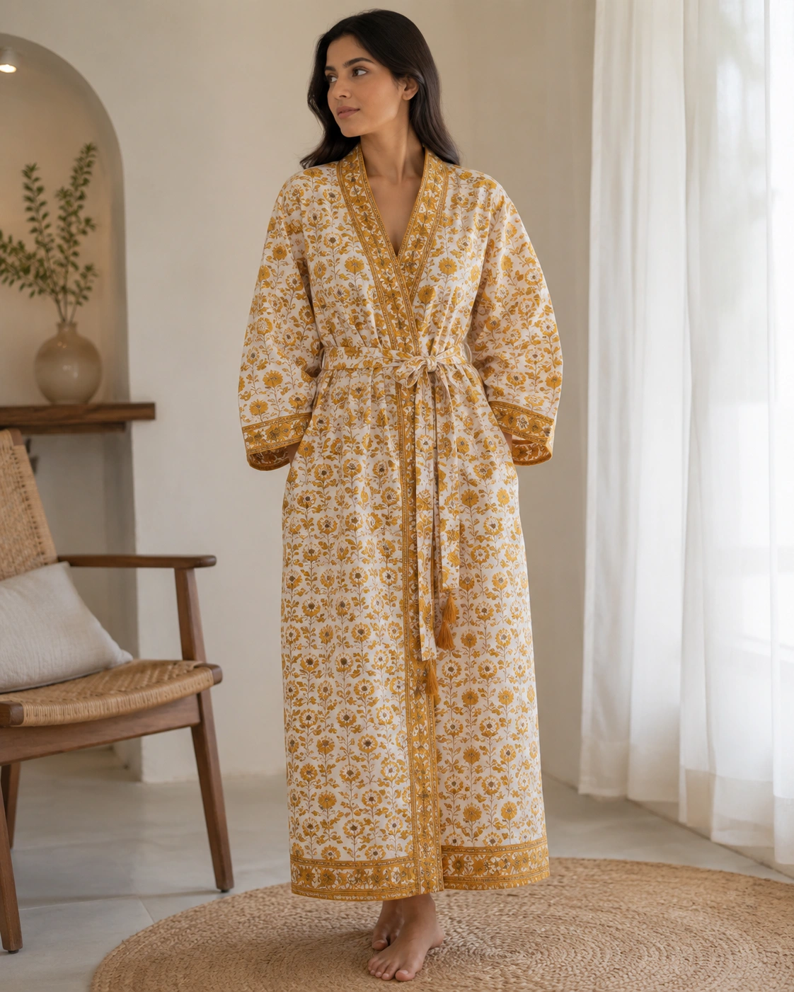 Kimono robe mustard yellow floral block print