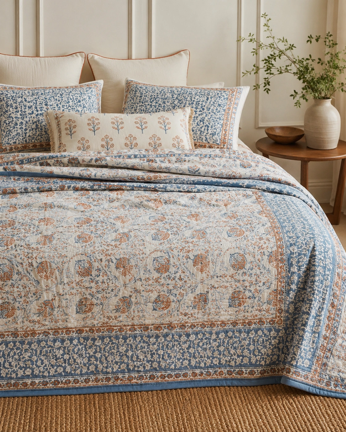 Mustard blue cotton bedcover