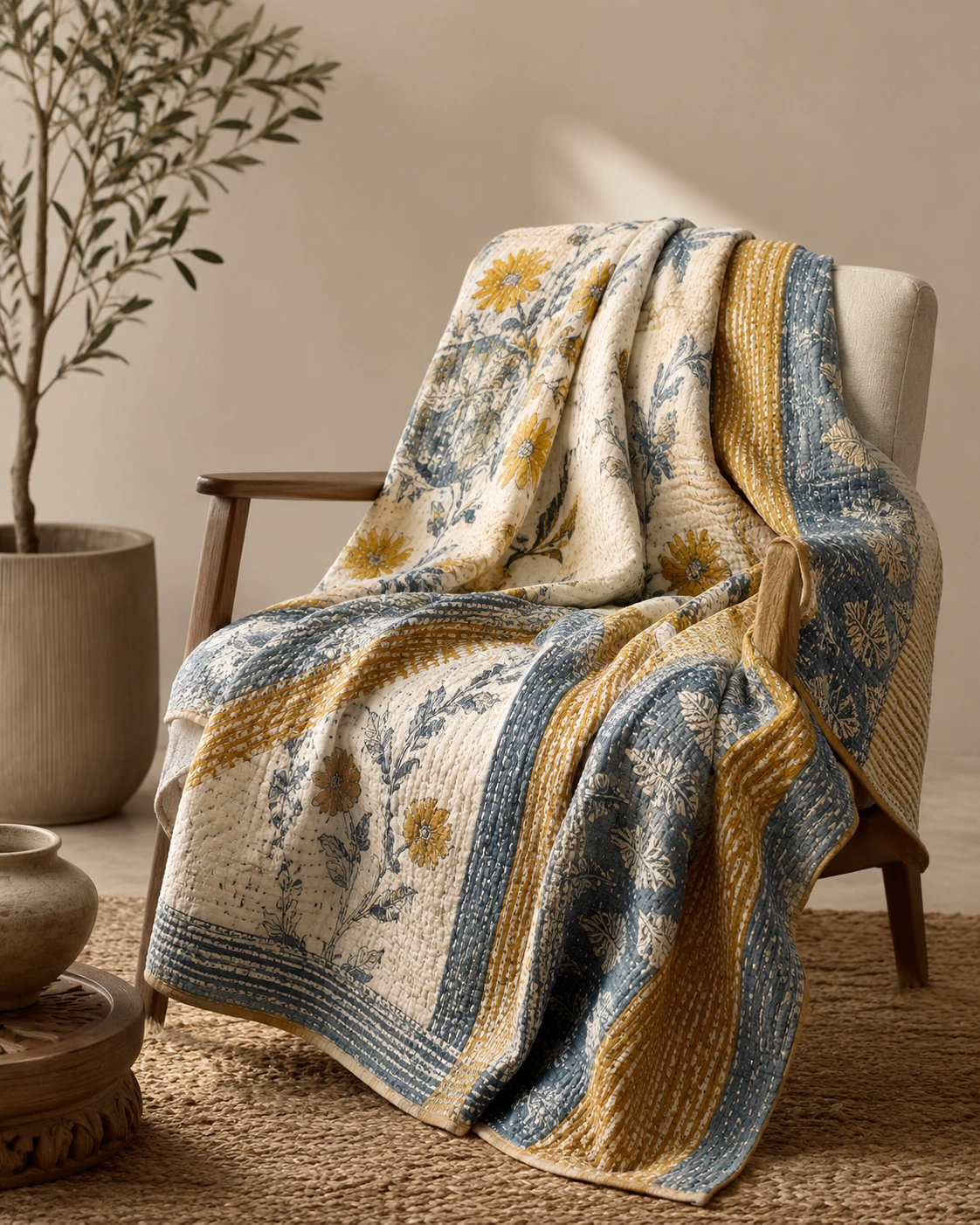 Mustard blue kantha throw on chair