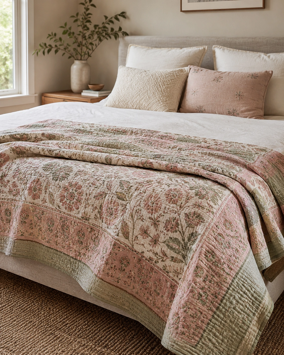 Pink green floral cotton bedcover