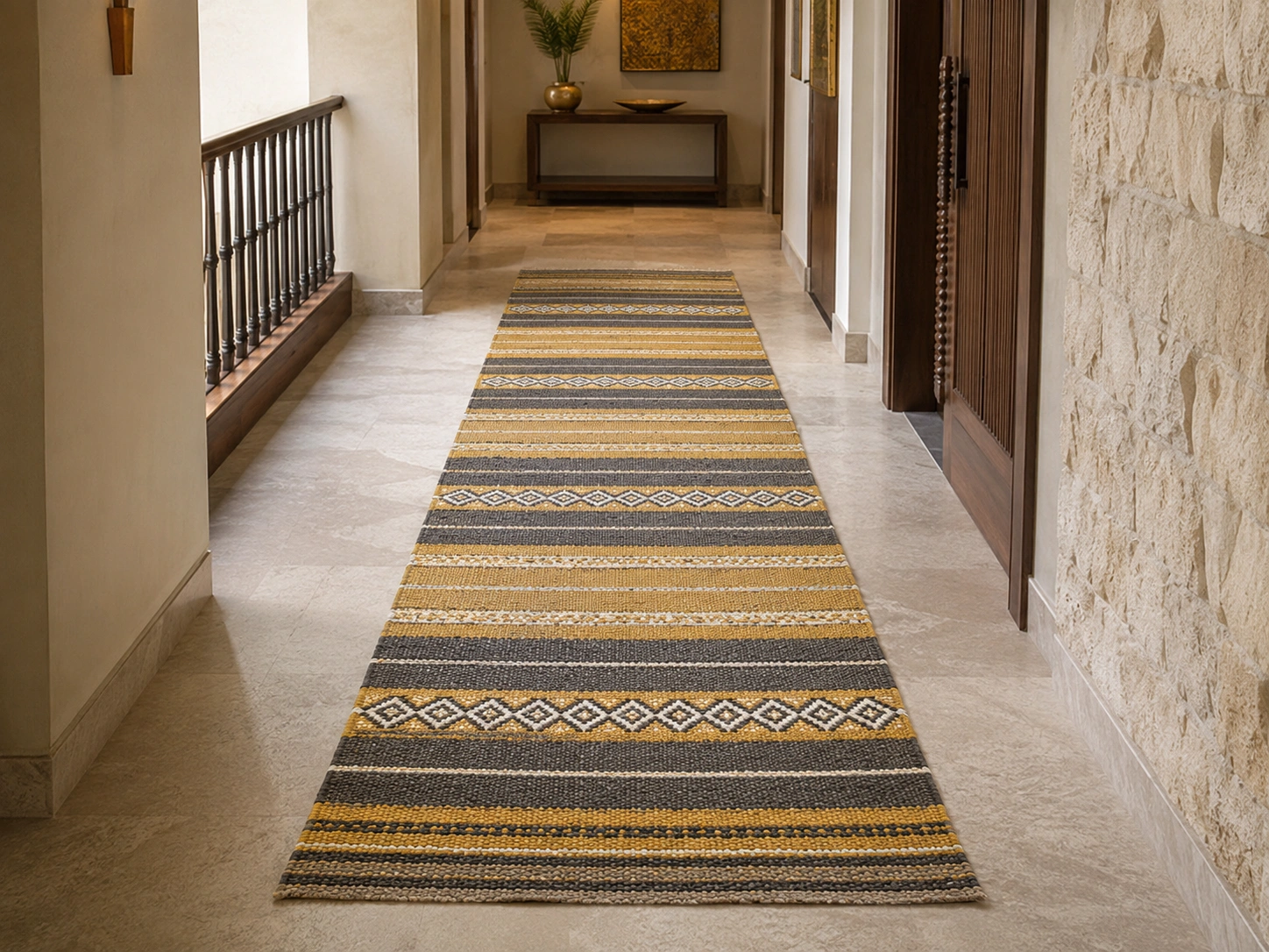 Rug runner mustard charcoal hallway