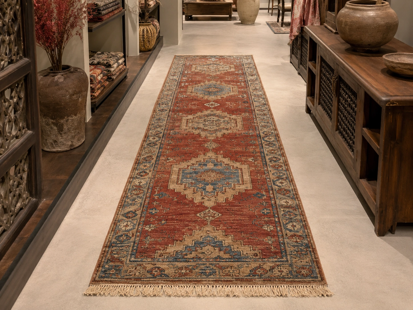 Rug runner rust blue corridor