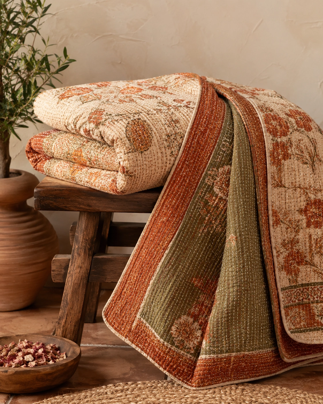 Rust olive kantha throw folded
