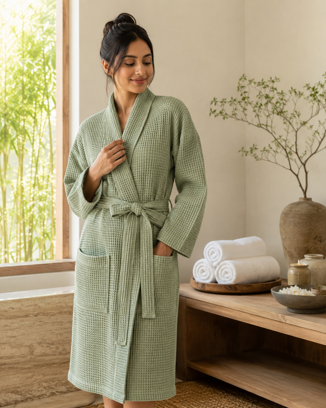 Waffle cotton spa robe sage green wellness